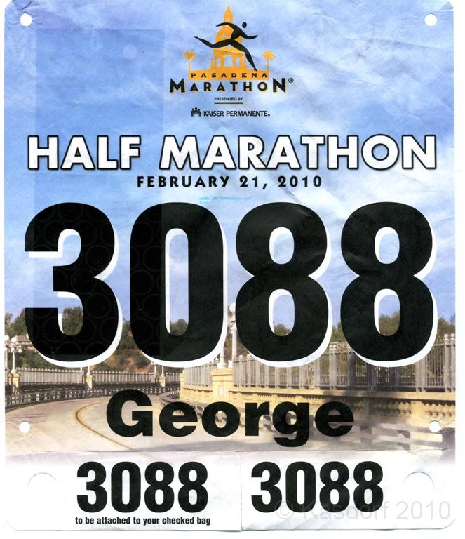 Pasadena 2010 01 bib.jpg - The official bib for the the Pasadena Half marathong.
